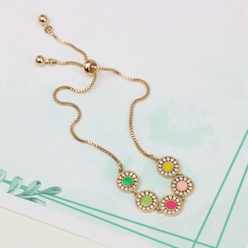 Rose Gold Adjustable Bracelet with Colorful CZ Disc Charms, XPAB0659